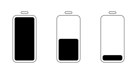 Battery charge level icons in black and white, Battery Status Symbol Set, Power Indicator Graphic, Energy Level UI Element, Smartphone Battery Vector