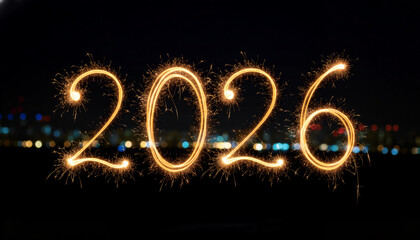 2026 Sparkler Light Writing at Night: Glowing 2026 numbers drawn with sparklers against a dark night sky, symbolizing New Year celebration and future aspirations.