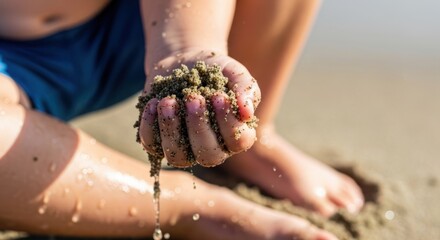 Child playing with wet sand on a sunny beach day