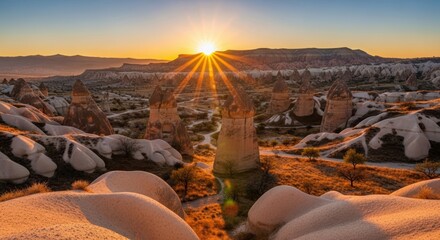 Sunrise over cappadocia's unique rock formations and stunning landscape
