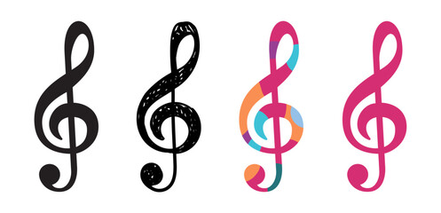 Set of colorful treble clef symbols, isolated on transparent background, vector illustration. Perfect for music design, education materials, and creative graphic projects