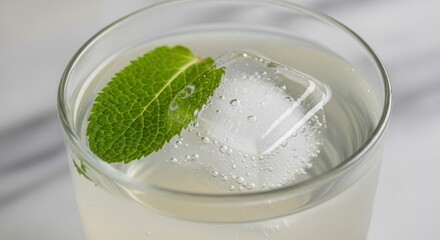 Refreshing lemonade drink with ice cube and mint leaf in glass