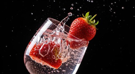 Fresh strawberries splashing in sparkling water against black background