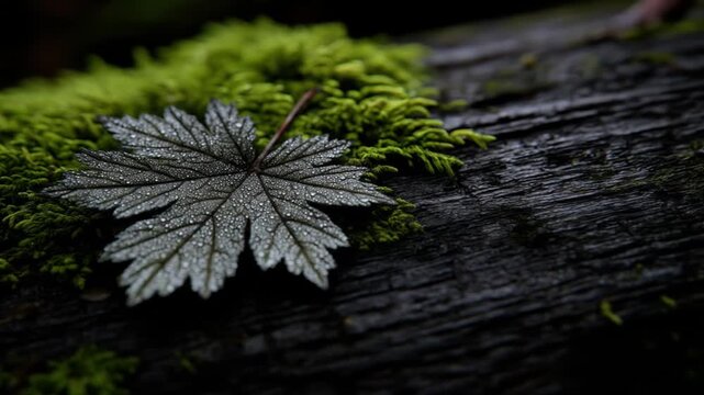 A close-up shot of a leaf covered in water droplets resting on textured wood next to green moss
