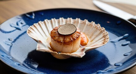 Gourmet seared scallop topped with black truffle in shell on blue plate