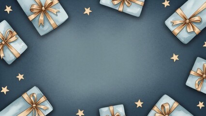 Watercolor present boxes with stars on dark background for holiday greeting card, party invitation, or gift wrap design.