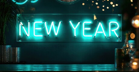 Bright neon sign displays NEW YEAR. Dark background enhances glowing text. Festive atmosphere, modern design, celebratory mood.