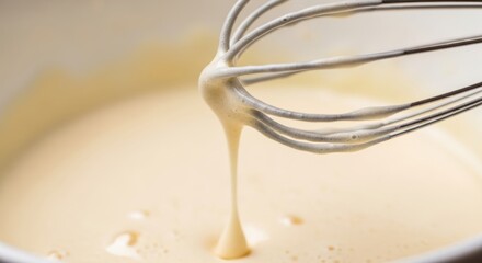 Creamy batter dripping from whisk in baking preparation