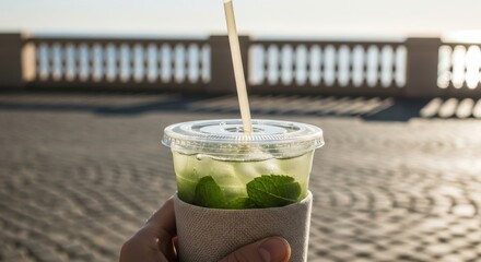 Iced mint lemonade in hand against sunny seaside promenade
