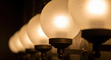 Warm amber glow from elegant spherical wall lamps in a dim environment