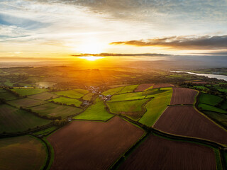 Colours of autumn Fields and Farms over Sheldon from a drone, Torbay, Devon, England	