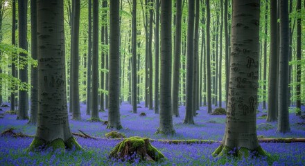 Enchanting bluebell carpet in serene beech forest