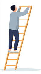 Asian male adult climbing ladder in casual clothing