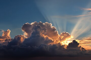 Serene Sunset: A Heavenly Sky Illuminated by Soft Sun Rays and Fluffy Clouds