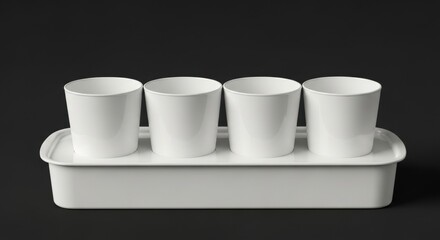 Set of four white ceramic cups on matching tray against dark background