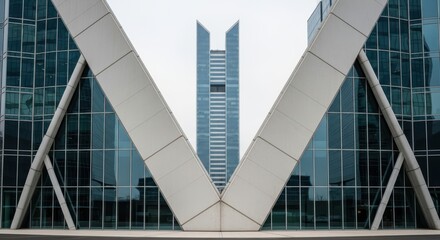 Symmetrical architecture with modern glass and steel design in urban setting
