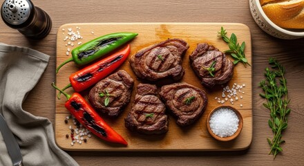 Grilled steak medallions with peppers and herbs on wooden board