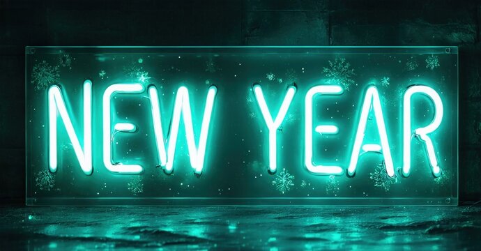 Bright neon sign displays New Year. Dark background enhances glowing text, snowflakes add festive touch. Minimalist design.