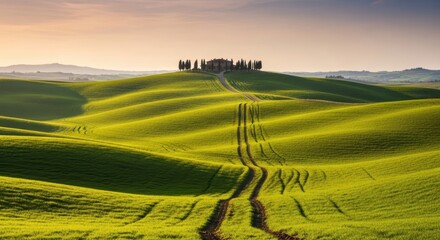 Rolling hills with farmhouse and cypress trees at sunset in tuscany