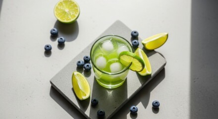 Refreshing lime drink with ice and blueberries on stone surface