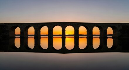 Sunset reflection of historic stone bridge over calm water