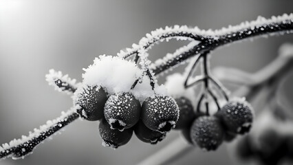Close-up of frost-covered berries clustered on a branch in monochrome winter scene emphasizing