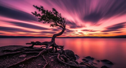 Majestic twisted tree at vibrant sunset over serene lake landscape