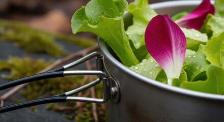 Fresh garden salad in metal pot with lettuce and flower petal outdoors