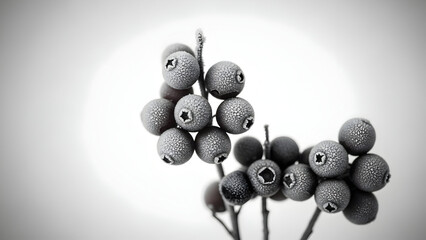 Close-up of dried berry clusters with textured surfaces in monochrome style highlighting natural