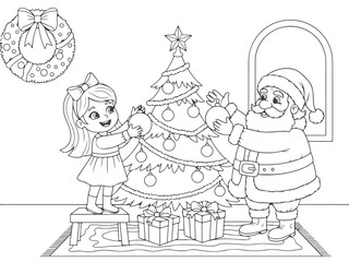 Christmas Tree Decorating Coloring Book Page for Kids - Santa and Girl with Ornaments