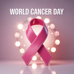 World Cancer Day Pink Ribbon with Glowing Light Background