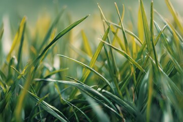 Vibrant Spring Meadow: Close-Up of Lush Green Grass Under a Clear Daylight Sky
