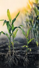 Young Corn Plants Flourish Delicate Watercolor Illustration of Vital Growth and Root Systems