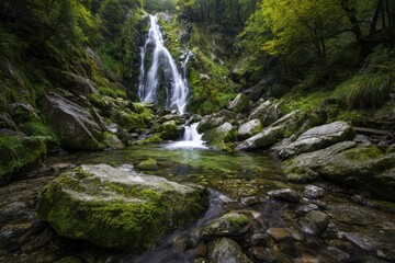 Fototapeta premium Lush Green Waterfall Cascading Through Dense Forest Landscape
