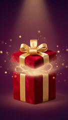 Red velvet gift box with golden bow glows with magical light against a purple background and sparkles. A festive concept of surprise, wonder, and celebration for holidays.