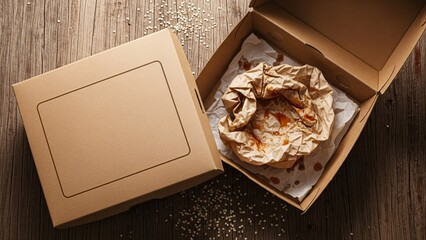 Open Takeaway Box with Crumpled, Sauce-Stained Paper on Rustic Wood