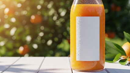 Fresh Orange Juice Bottle Mockup on White Table in Sunny Citrus Grove
