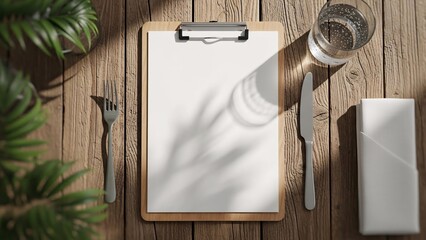 Blank menu mockup on rustic wooden table with tropical leaf shadows and cutlery.