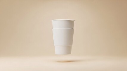 Minimalist Blank White Disposable Coffee Cup Floating on Beige Studio Background
