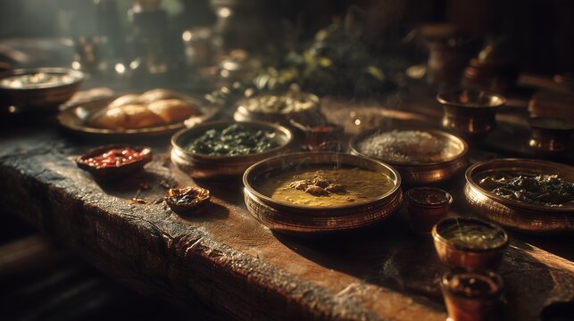 Traditional Indian Meal with Curries, Rice, and Puris in Brass Bowls