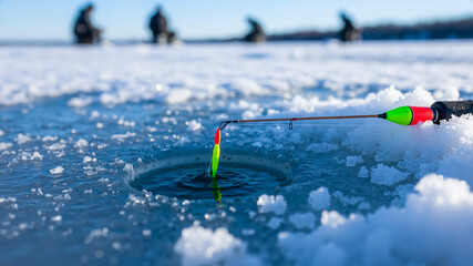 Ice fishing on a frozen lake with fishermen in the background