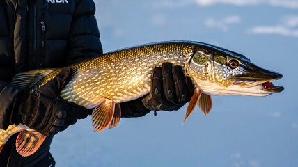 Fisherman holding large pike fish outdoors in winter landscape