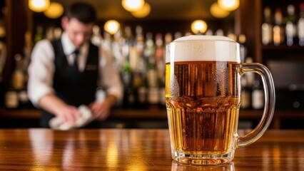 Refreshing mug of beer on bar counter with bartender in background