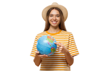 Smiling young traveler pointing at a globe, choosing destination and planning a new trip