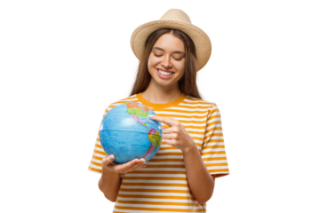  Young traveler pointing at a globe, choosing destination and planning a new trip