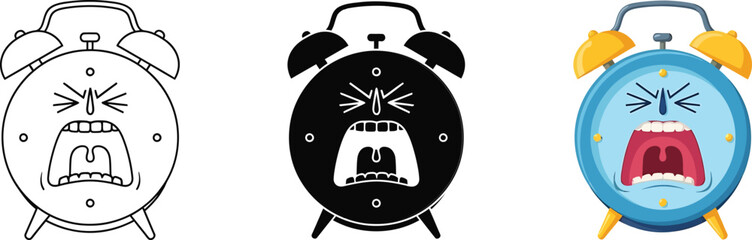 Set of three screaming alarm clocks, cartoon outline, silhouette and colored versions, depicting wake-up, time stress, and morning struggle Vector