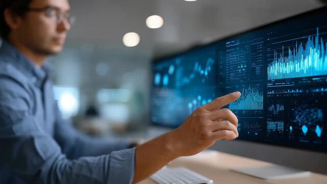 Business analyst reviews interactive financial charts, graphs on dual monitor setup, utilizing advanced data visualization tools. Workspace reflects high tech, data driven decision making process