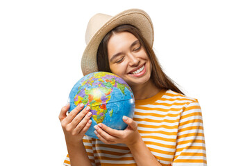 Smiling young traveler holding a globe with warmth, showing her love for exploring the world
