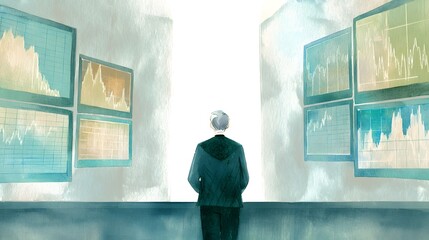 Focused businessman analyzes financial charts in a muted watercolor office illustration concept