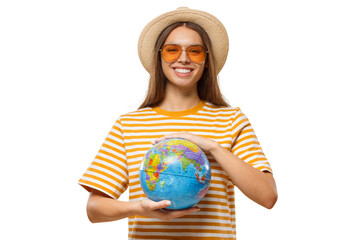 Worldwide tourism concept. Young female tourist holding globe with both hands